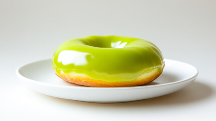 Bright green glossy donut on minimalist plate in soft natural light