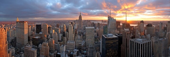 New York City Skyline at Sunset. Aerial view of the iconic skyscrapers and city. Possible use Background for business presentations, travel magazines, or desktop wallpaper