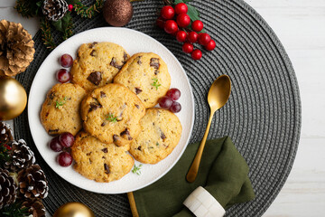 Handmade chocolate chip cookies. Top view table with christmas decorations.