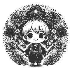 Chibi character surrounded by fireworks and celebrating the joy of the New Year