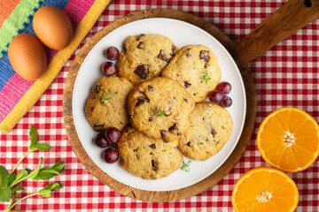 Handmade chocolate chip cookies. Top view table.