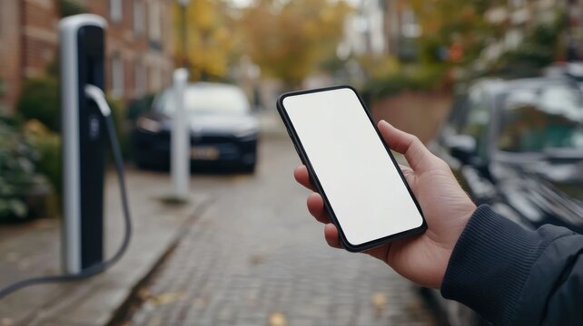 Electric car charging app on phone screen electric vehicle charging station power supply mobile app