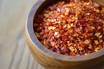 Dried red chili flakes in a wooden bowl