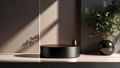 Elegant Black Round Display Stand with Plant and Soap Dispenser in Sunlit Room