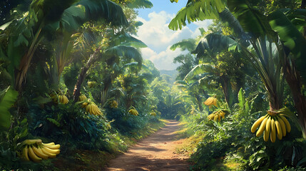 Serene Dirt Path Through Lush Tropical Banana Plantation
