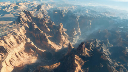 Majestic Canyon Landscape: An Aerial View of Rugged Mountains and Rock Formations