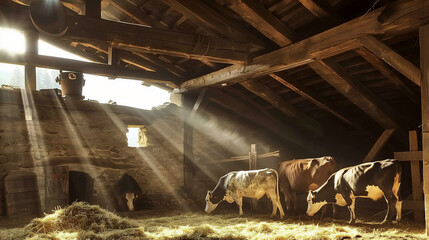 Cows grazing on hay in a rustic barn, a serene pastoral moment of rural tranquility.