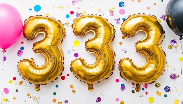Golden Number 333 Balloons With Colorful Confetti, Ideal For Birthdays And Celebrations