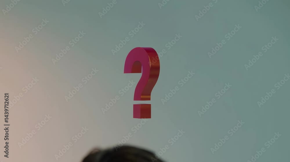 Poster Colorful question marks and an exclamation point float above a person's head, symbolizing thinking, questioning, decision making, and problem solving
