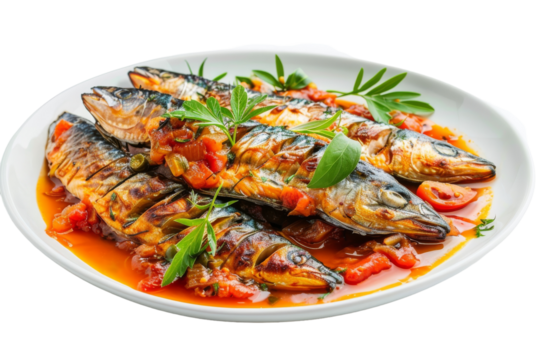 Mackerel in Tomato Sauce Isolated On White Background.