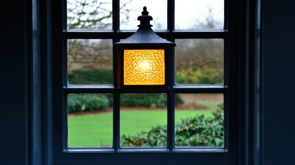 Fototapeta premium Illuminated Lantern Adorns Paned Window Overlooking Lush Garden