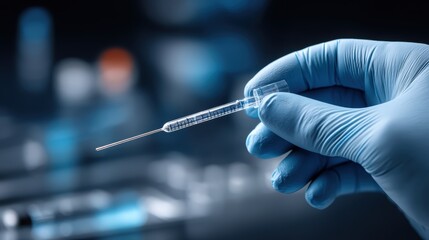 A hand in a sterile glove holding a specimen, overlaid with abstract lab equipment - pharmaceutical analysis laboratory biology