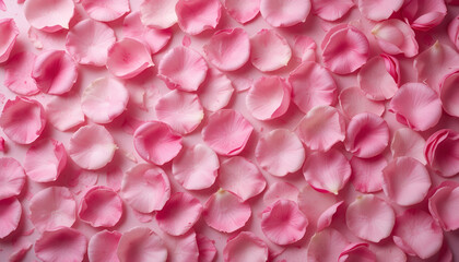 Obraz premium Delicate pink rose petals scattered on a light pink background. Soft and elegant, creating a beautiful pattern
