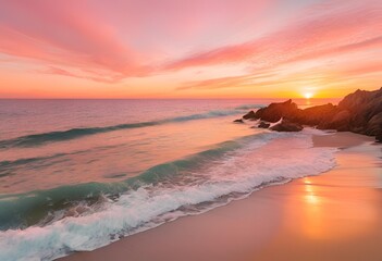 romantic sunset over the sea, with vibrant colors reflecting on the calm, beautiful waters.