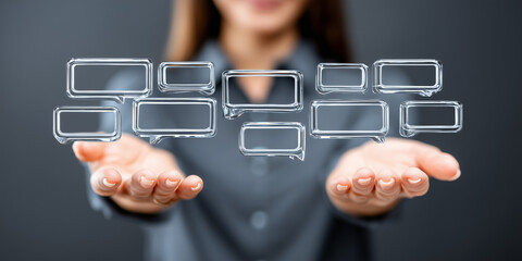 Woman presenting multiple empty digital touchscreens in her outstretched hands