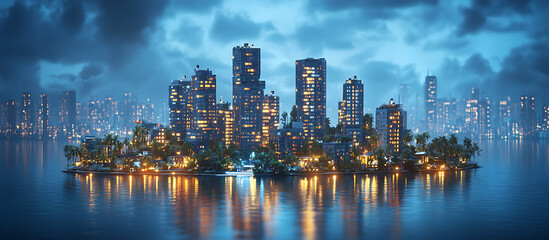 Fototapeta premium City skyline glows warmly on a small lush island at night reflected in the calm dark water.