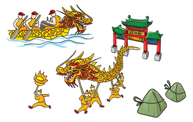 Simple freehand style Chinese Dragon Boat Festival illustration, PNG isolated
