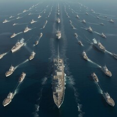 Maritime Security: “A high-altitude view of a naval blockade in narrow straits, with warships and patrol boats forming a chain.