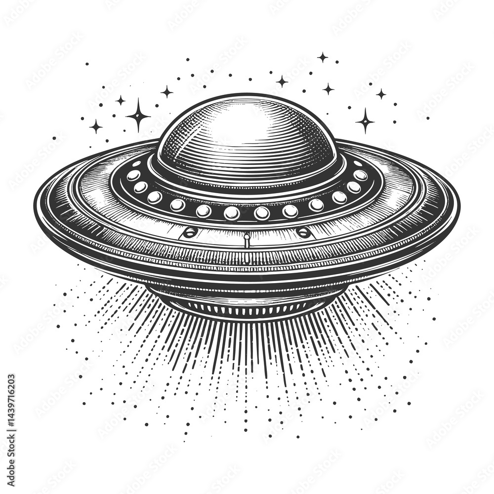 Poster ufo flying saucer emitting a powerful beam of light, blending retro sci-fi with a mysterious extrate