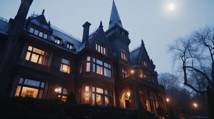 Naklejka premium A grand gothic mansion at twilight, illuminated warmly