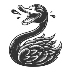 Fototapeta premium cartoonish black swan laughing loudly, offering a satirical twist on the black swan metaphor sketch engraving generative ai raster illustration. Scratch board imitation. Black and white image.