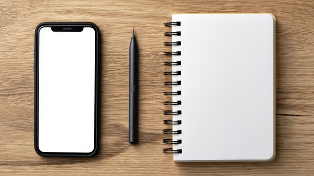 Blank Phone, Empty Notebook, and Pen on Wooden Table Background