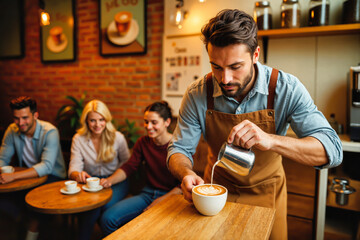 Skilled barista in brown apron pouring steamed milk into coffee cup latte. Customers enjoying drinks at wooden table in cozy cafe with brick wall interior. Professional preparation in trendy urban
