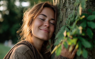 Portrait of a young woman hugging a tree with a peaceful smile as sunlight filters through the leaves. The image conveys warmth, serenity, and a strong message of environmental love and connection.
