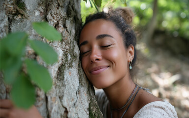 Portrait of a young woman hugging a tree with a peaceful smile as sunlight filters through the leaves. The image conveys warmth, serenity, and a strong message of environmental love and connection.