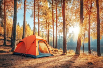 Autumn camping scene by a river