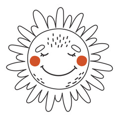 Cute sun cartoon style, Happy sun outline, Summer sunshine with eyes, Sun isolated cute