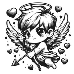 Obraz premium Chibi Cupid Character Shooting Arrows with Hearts for Valentine's Day