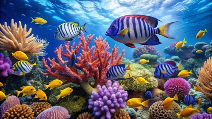 Naklejka premium Vibrant underwater scene showcasing a diverse array of colorful fish swimming amidst a lush coral reef teeming with life