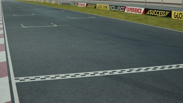 Generic formula one race cars driving along the homestretch over the finish line. Static high angle view. Multiple race cars. 3d animation rendering. New 2025 black and gold race car design