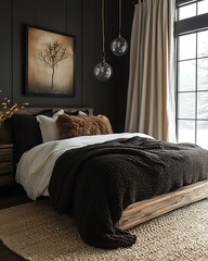 High-end moody bedroom with dark brown walls, soft plush rugs, and minimalist design elements Luxury Boutique Hotel Moody Bedrooms Artistic Minimalist Dark Bedrooms
