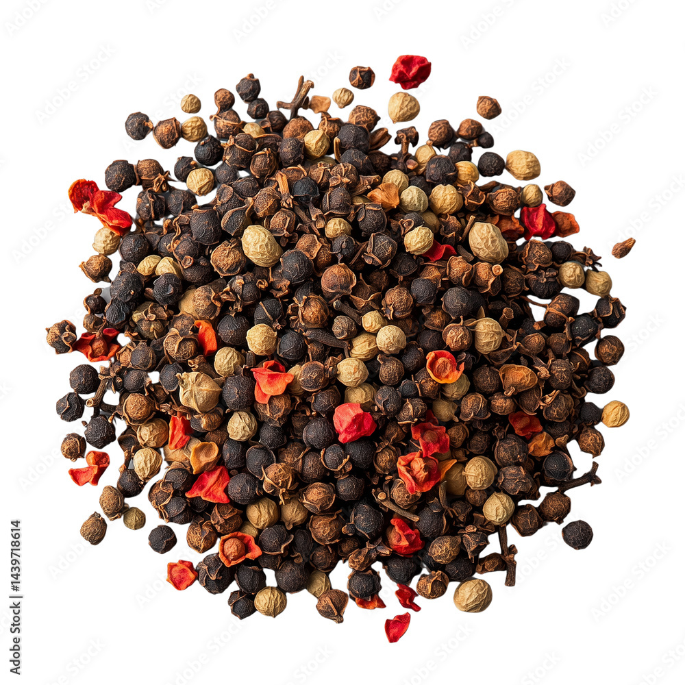 Poster a vibrant cluster of various pickling spice and seeds, showcasing intricate textures isolated on whi