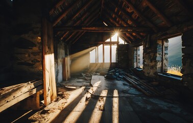 Sunbeams Illuminate Derelict Stone Building Ruins