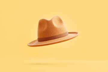 Stylish brown hat floating against a yellow background