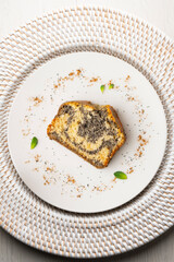 Delicious lemon and poppy seed cake. Top view table.