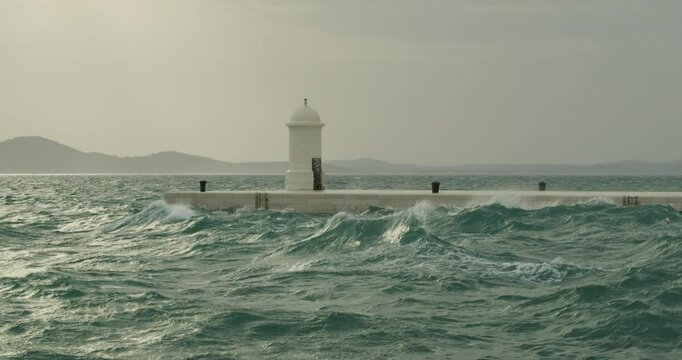 Strong Waves from the Jugo Wind Crash on the Promenade in Zadar, Croatia