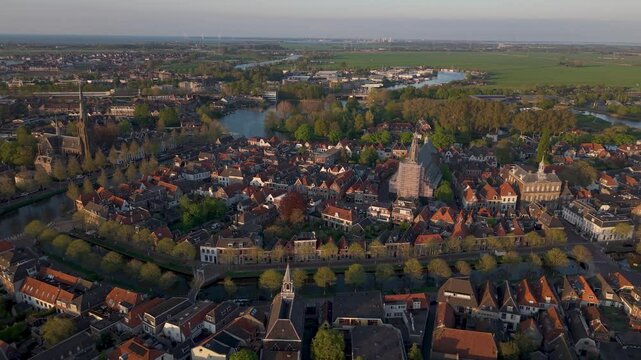Aerial view of historical city center of Weesp, North Holland, The Netherlands at sunset
