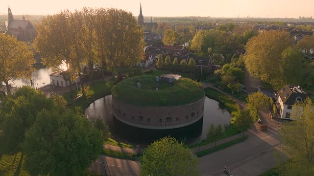 Aerial view of the historical tower fort and the skyline of Weesp, North Holland, The Netherlands