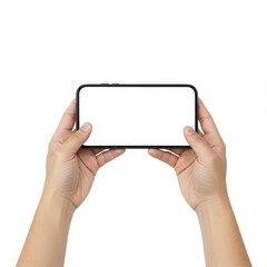 Hands holding mobile phone isolated on white background