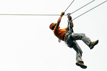 Couple Zip-Lining Adventure Isolated On White Background.