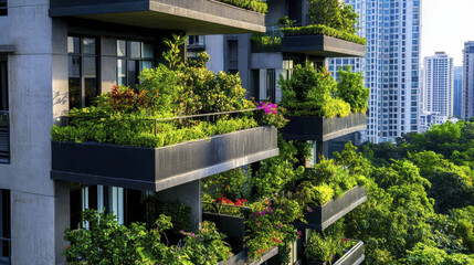 Modern eco friendly apartment with lush greenery on balconies, showcasing sustainable living and urban nature