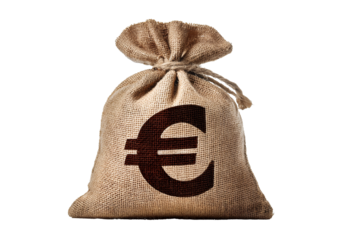 Euro symbol on a burlap bag, representing money and finance., isolated background PNG 
