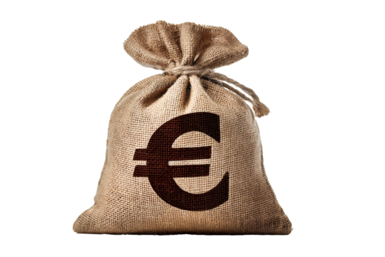 Euro symbol on a burlap bag, representing money and finance., isolated background PNG 
