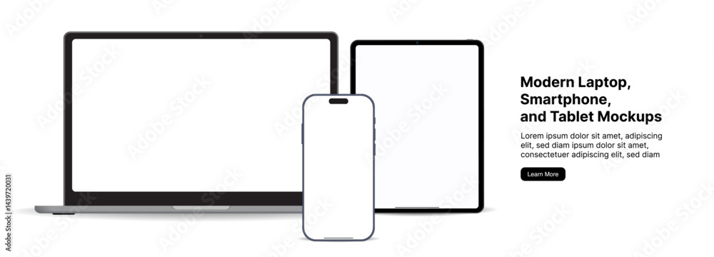 Poster modern laptop, smartphone, and tablet mockups front view isolated on white background – notebook and