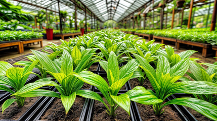 Young palm seedlings growing in black containers inside industrial greenhouse. Rows of tropical plants with vibrant green leaves cultivated on wooden tables under glass roof. Commercial nursery