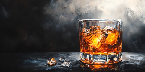 Whiskey glass with ice cubes on a dark surface